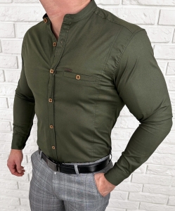 Koszula męska khaki ze stójką slim fit kwadratowe guziki Stylovy 1964