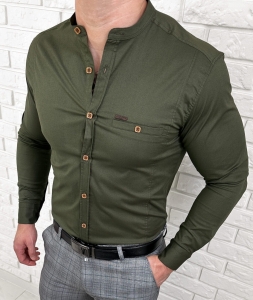 Koszula męska khaki ze stójką slim fit kwadratowe guziki Stylovy 1964