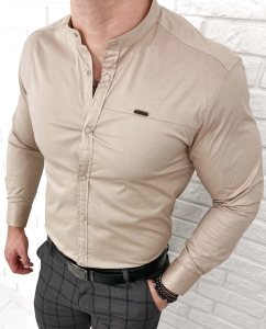 Koszula męska beżowa ze stójką slim fit zapinana na napy 1963-N