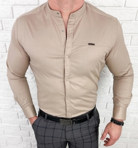 Koszula męska beżowa ze stójką slim fit zapinana na napy 1963-N