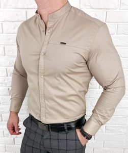 Koszula męska beżowa ze stójką slim fit zapinana na napy 1963-N