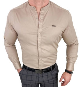 Koszula męska beżowa ze stójką slim fit zapinana na napy 1963-N