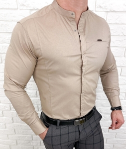 Koszula męska beżowa ze stójką slim fit zapinana na napy 1963-N