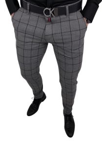 Szare eleganckie spodnie slim fit w czarną kratę 64G