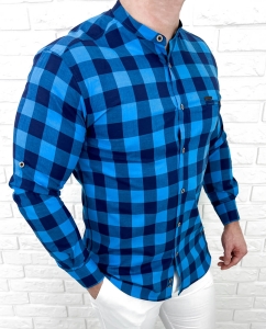 Koszula męska w kratę niebieska slim fit Stylovy 6001