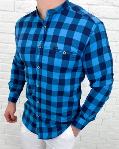 Koszula męska w kratę niebieska slim fit Stylovy 6001