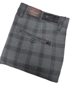 Szare spodnie w kratę męskie eleganckie slim fit Stylovy D-1100