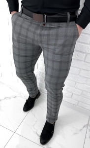 Szare spodnie w kratę męskie eleganckie slim fit Stylovy D-1100
