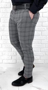 Szare spodnie w kratę męskie eleganckie slim fit Stylovy D-1100