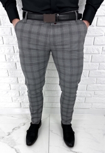 Szare spodnie w kratę męskie eleganckie slim fit Stylovy D-1100