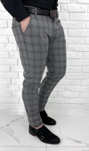 Szare spodnie w kratę męskie eleganckie slim fit Stylovy D-1100
