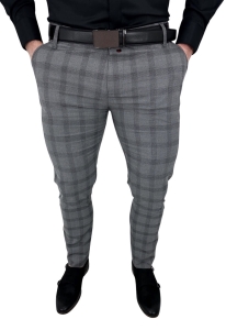 Szare spodnie w kratę męskie eleganckie slim fit Stylovy D-1100