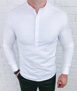Biała koszula męska slim fit oxford zapinana do połowy 2011