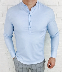 Niebieska koszula męska slim fit oxford zapinana do połowy 2011