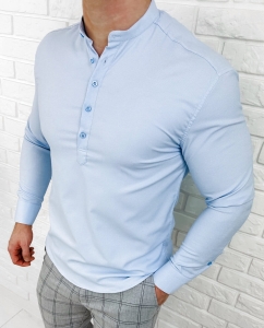 Niebieska koszula męska slim fit oxford zapinana do połowy 2011