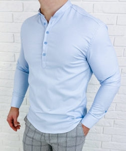 Niebieska koszula męska slim fit oxford zapinana do połowy 2011