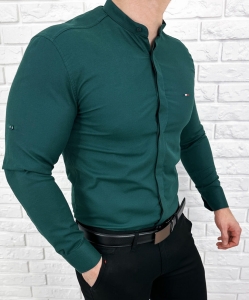 Koszula ze stojka meska butelkowa zielen z kryta plisa slim fit oxford logo 2008