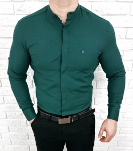 Koszula ze stojka meska butelkowa zielen z kryta plisa slim fit oxford logo 2008