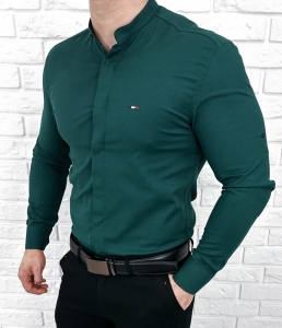 Koszula ze stojka meska butelkowa zielen z kryta plisa slim fit oxford logo 2008