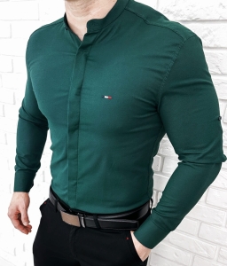 Koszula ze stojka meska butelkowa zielen z kryta plisa slim fit oxford logo 2008