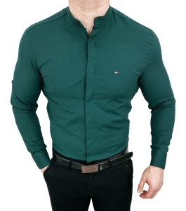 Koszula ze stojka meska butelkowa zielen z kryta plisa slim fit oxford logo 2008