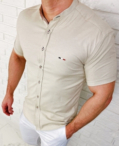 Koszula męska z krótkim rękawem beżowa slim fit logo 2044