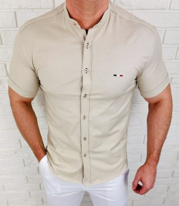 Koszula męska z krótkim rękawem beżowa slim fit logo 2044