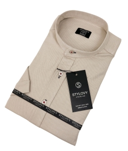 Koszula męska z krótkim rękawem beżowa slim fit logo 2044