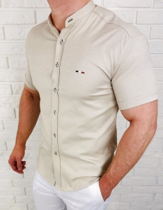 Koszula męska z krótkim rękawem beżowa slim fit logo 2044