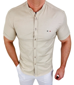 Koszula męska z krótkim rękawem beżowa slim fit logo 2044