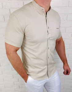 Koszula męska z krótkim rękawem beżowa slim fit logo 2044