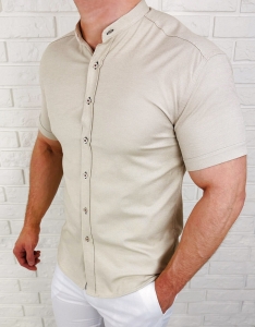 Koszula męska z krótkim rękawem beżowa slim fit oxford 2055