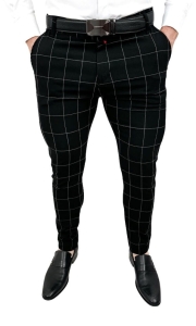 Czarne spodnie męskie slim fit w białą kratę 001s