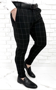 Czarne spodnie męskie slim fit w białą kratę 001s