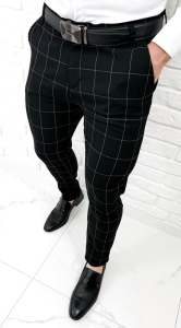 Czarne spodnie męskie slim fit w białą kratę 001s