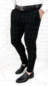 Czarne spodnie męskie slim fit w białą kratę 001s
