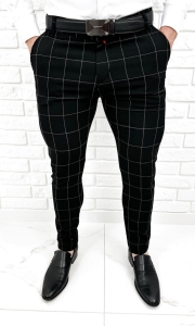 Czarne spodnie męskie slim fit w białą kratę 001s