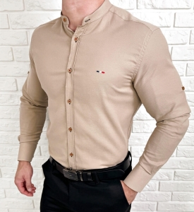 Koszula męska beżowa oxford ze stójką slim fit logo 2006-1