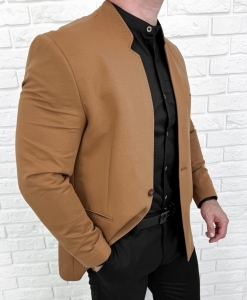 Marynarka męska camel ze stójką casual slim fit 1774