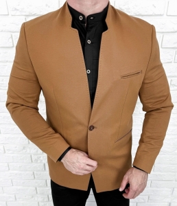 Marynarka męska camel ze stójką casual slim fit 1774