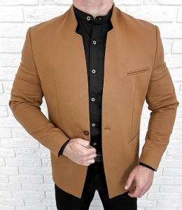Marynarka męska camel ze stójką casual slim fit 1774