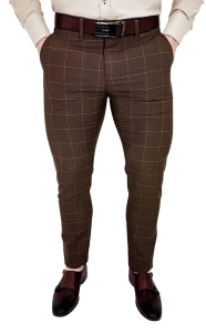 Brązowe spodnie męskie w kratę beżową slim fit 3018 285