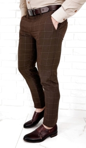 Brązowe spodnie męskie w kratę beżową slim fit 3018 285