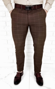 Brązowe spodnie męskie w kratę beżową slim fit 3018 285