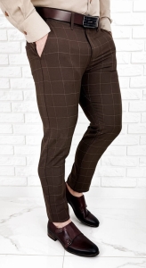 Brązowe spodnie męskie w kratę beżową slim fit 3018 285
