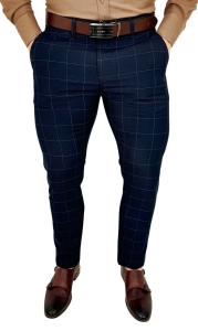 Granatowe spodnie męskie w kratę brązową slim fit 3018 290