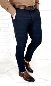 Granatowe spodnie męskie w kratę brązową slim fit 3018 290
