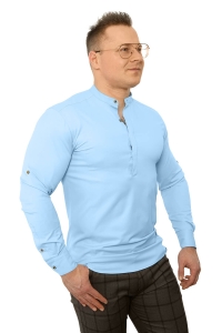 Błękitna koszula męska slim fit ze stójką z zakrytymi guzikami Stylovy 105