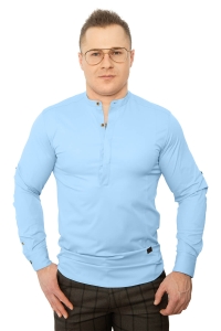 Błękitna koszula męska slim fit ze stójką z zakrytymi guzikami Stylovy 105