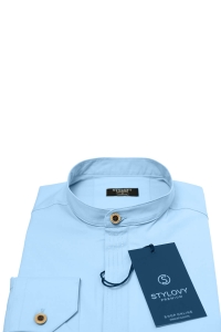 Błękitna koszula męska slim fit ze stójką z zakrytymi guzikami Stylovy 105
